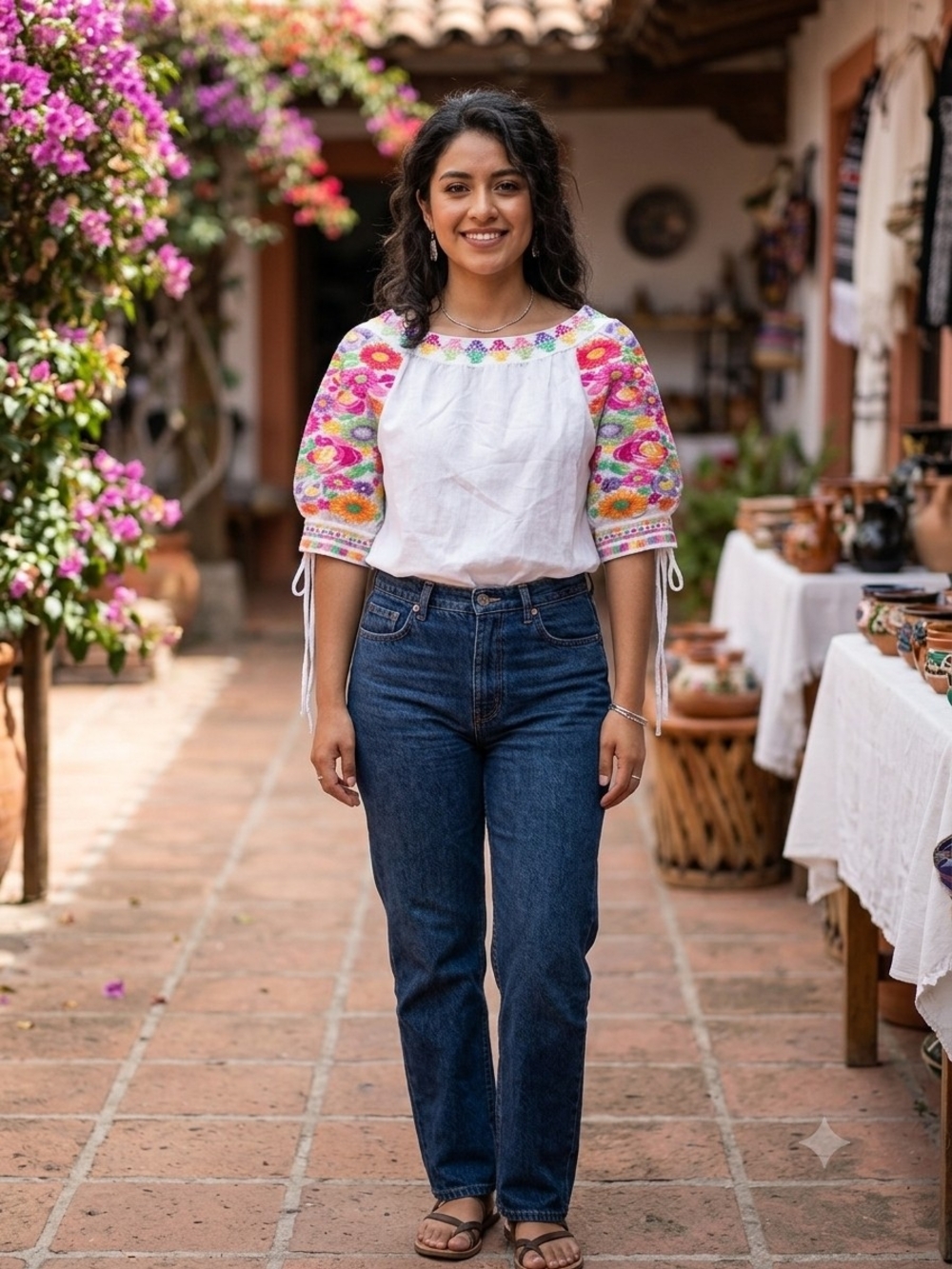THML White Top with Multicolor Embroidered Puff Sleeves